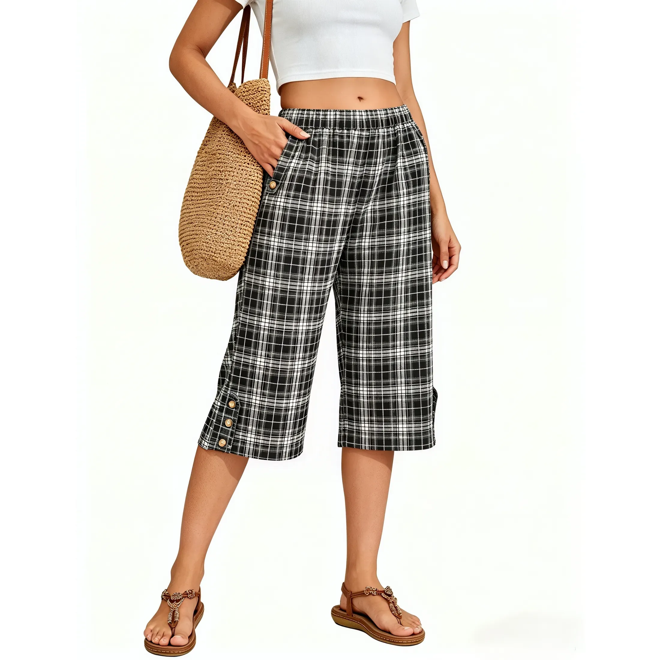 Womens Summer Wide Leg Capri Pants Elastic Waist with Pockets Lightweight Cropped Loose Fit for (2-Pack)